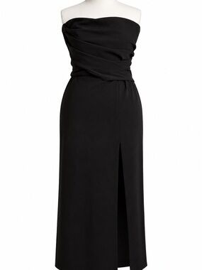 Zara Black Strapless Draped Midi Dress with Front Slit